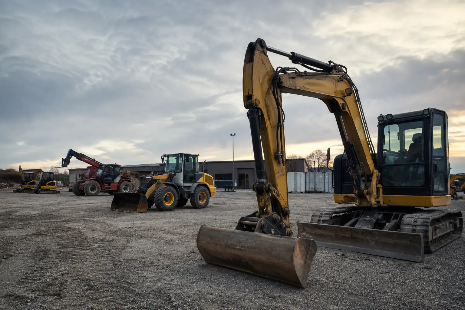 Engins de chantier stationnés sur un parc en fin de journée.