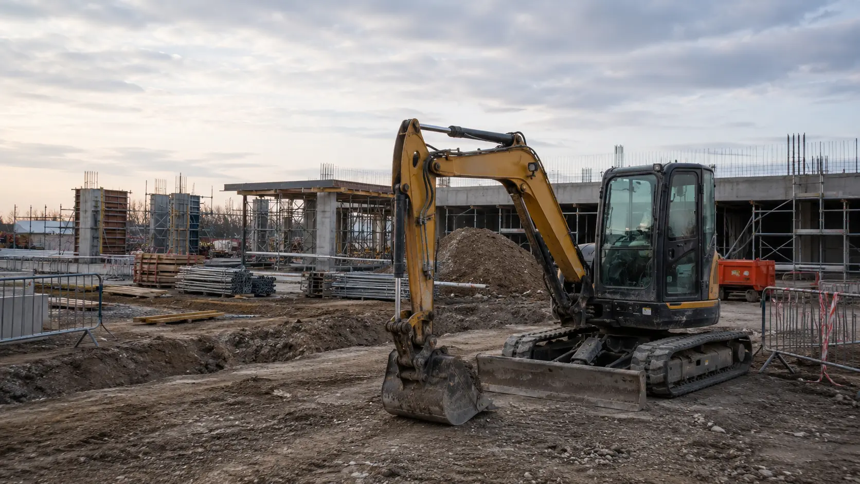 Engin de chantier stationné seul sur un site en construction.